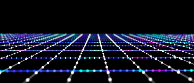 abstract grid with blue light on black background science background with moving dots and lines network connection technology digital structure with particles 3d rendering