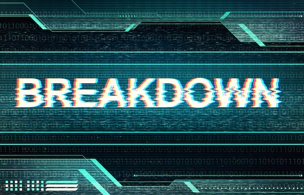 Abstract illustration of distorted display screen. Breakdown inscription in technology interface.