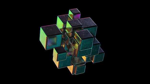 abstract metallic cubic shape morphing 3d render