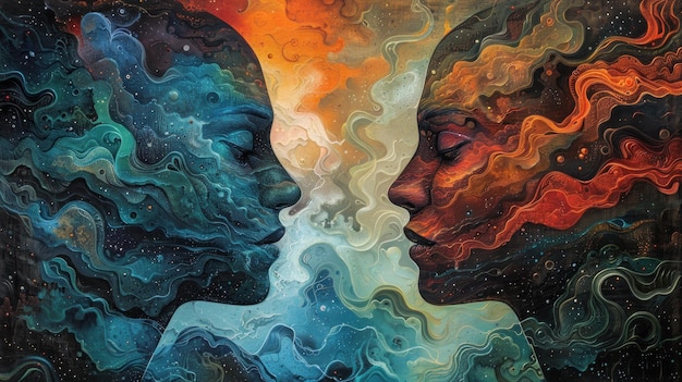Abstract painting of two faces with colorful swirls and nebulae Concept of love unity connection and cosmic energy
