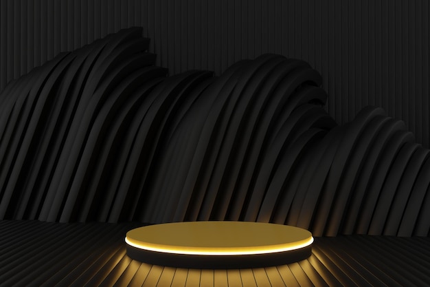 abstract podium 3d black geometric platform neon light 3d rendering