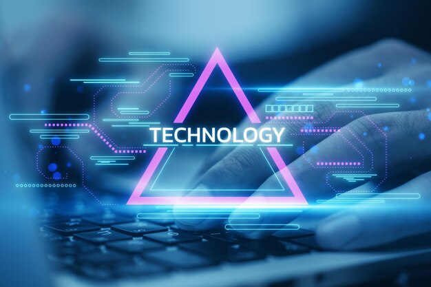 Abstract representation of technology with neon triangle and hands on keyboard