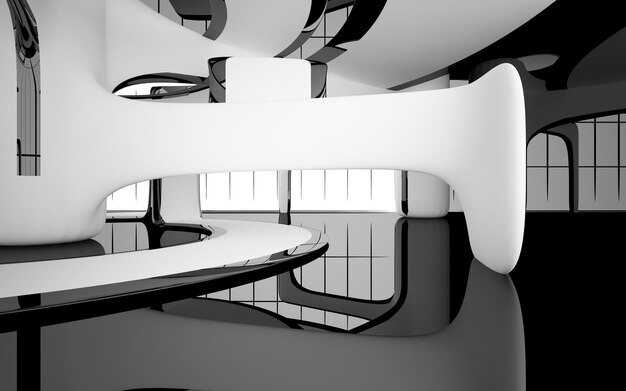 abstract smooth architectural white and black gloss interior of a minimalist house with large window
