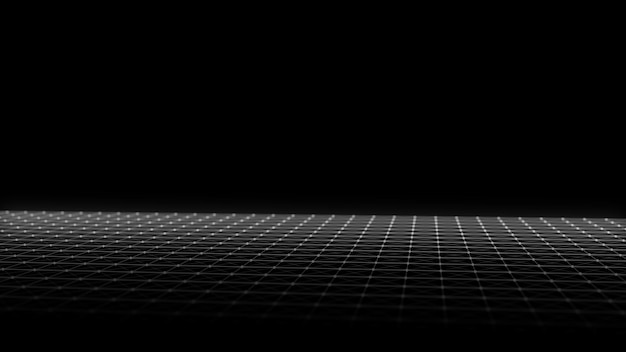 Abstract technology perspective grid Detailed wireframe landscape with lines on black background Digital space with mesh 3d rendering
