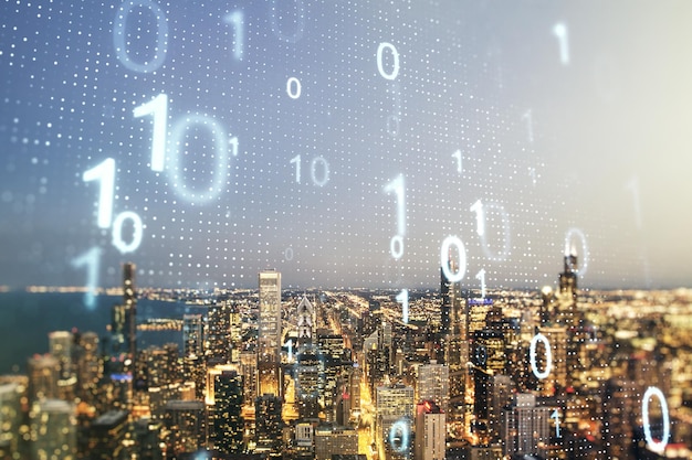 Abstract virtual binary code sketch on Chicago office buildings background hacking and matrix concept Multiexposure