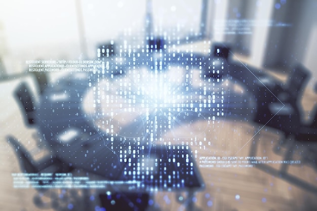 Abstract virtual code skull hologram on a modern coworking room background cybercrime and hacking concept Multiexposure