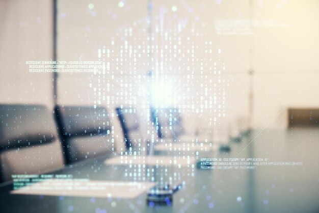Abstract virtual code skull hologram on a modern coworking room background cybercrime and hacking concept Multiexposure