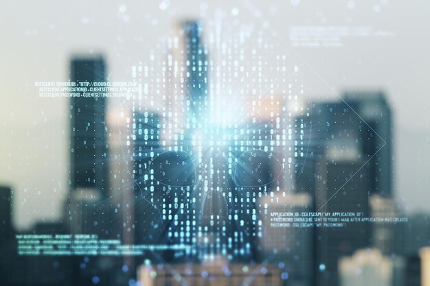 Abstract virtual code skull illustration on blurry skyline background Hacking and phishing concept Multiexposure