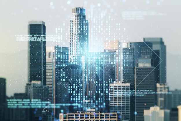 Abstract virtual code skull illustration on Los Angeles skyline background Hacking and phishing concept Multiexposure