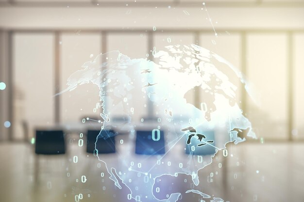 Abstract virtual coding concept and world map hologram on a modern conference room background Multiexposure