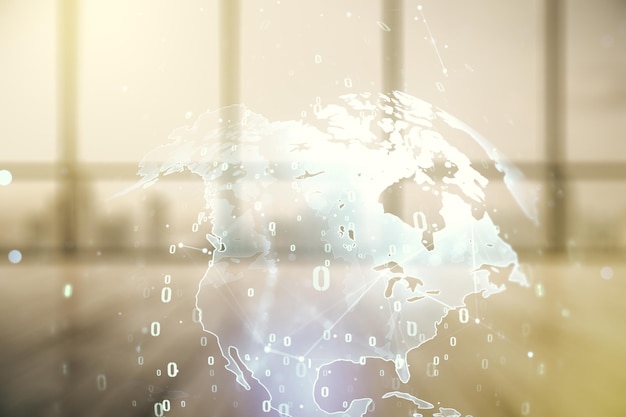 Abstract virtual coding concept and world map hologram on empty corporate office background Multiexposure