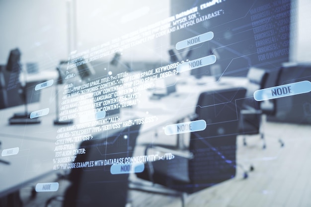 Abstract virtual coding concept on a modern furnished office background Multiexposure