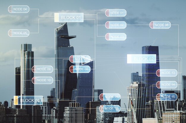 Abstract virtual coding concept on New York city skyline background Multiexposure