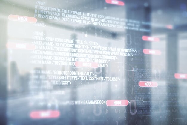 Abstract virtual coding illustration on modern interior background software development concept Multiexposure