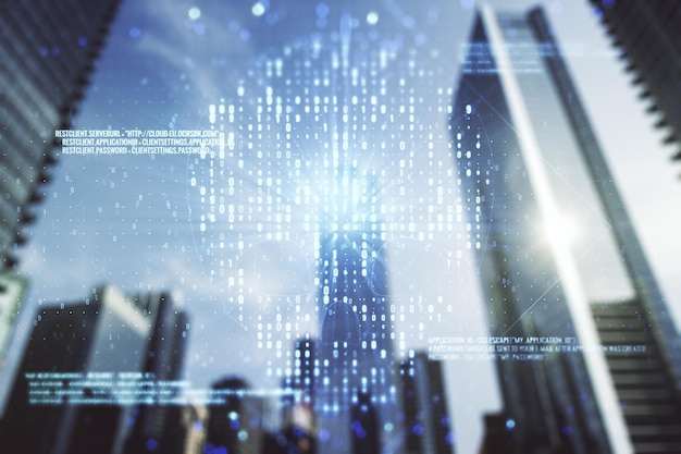 Abstract virtual creative code skull hologram on blurry cityscape background theft of personal data and malware concept Multiexposure