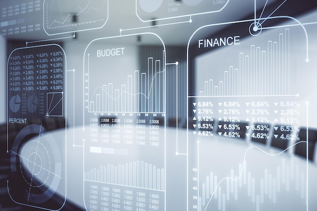 Abstract virtual stats data hologram on a modern conference room background Multiexposure