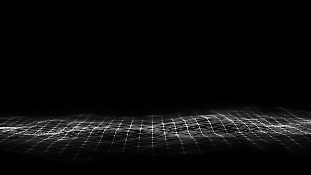 Abstract wave with light on black background Science background with moving dots Network connection technology Digital structure with particles 3d rendering