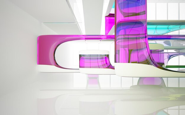 Abstract white and colored gradient glasses interior multilevel public space with window. 3D
