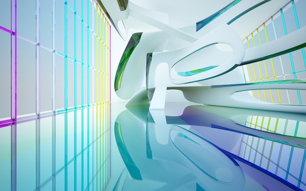 abstract white and colored gradient glasses parametric interior with window 3d illustration