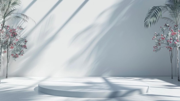 Abstract white studio background for product presentation with green tropical trees and tropical sun Shadow on the wall