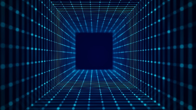 Abstract wireframe tunnel Blue wormhole 3D portal grid Futuristic fantasy funnel 3d rendering