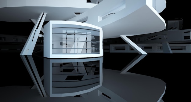 Abstraktní bílý a černý interiér víceúrovňového veřejného prostoru s oknem, 3D renderování a ilustrace