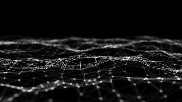 Abstraktní vlnové pozadí s body a liniemi pohybujícími se v prostoru. Technologická ilustrace. Futuristická moderní dynamická vlna, 3D renderování