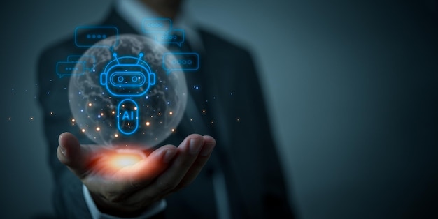 AI Artificial Intelligence and conversational chatbots businesses digital technology interact with applications including customer service sales and marketing and big data virtual screen