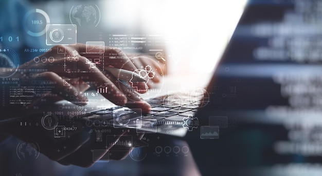 AI Artificial Intelligence and machine learning concept Businessman working on laptop computer with AI analyzing big data on virtual interface data science Business Intelligence