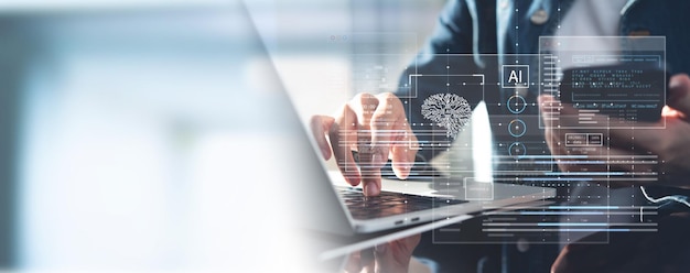 ai artificial intelligence business woman using ai technology for data analysis coding computer language with digital brain machine learning on virtual screen business intelligence