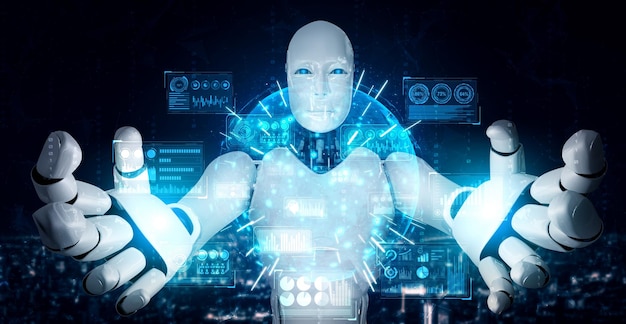 ai humanoid robot holding virtual hologram screen showing concept of big data