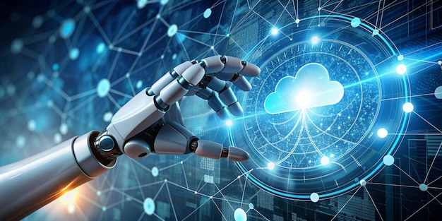 AI Machine Learning Hand of Robot Touching On 4K HD Photo Background