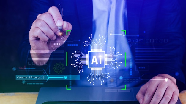 Ai tech Businessman using virtual graphic Global Internet connect Chatgpt Chat with AI Artificial Intelligence using command prompt for generates something Futuristic technology transformation