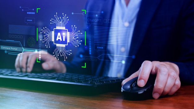 Ai tech Businessman using virtual graphic Global Internet connect Chatgpt Chat with AI Artificial Intelligence using command prompt for generates something Futuristic technology transformation