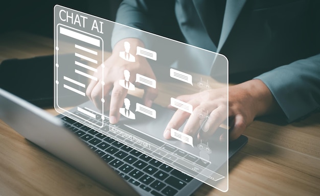 AI technologie Umělá inteligence muž používá technologii chytrého robota AI umělá inteligence zadáním příkazového řádku pro generování něčeho. Futuristická technologická transformace Chat s AI