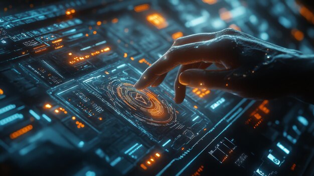 AIenhanced humancomputer interfaces controlling advanced technology A person interacting with futuristic gesturebased user interfaces
