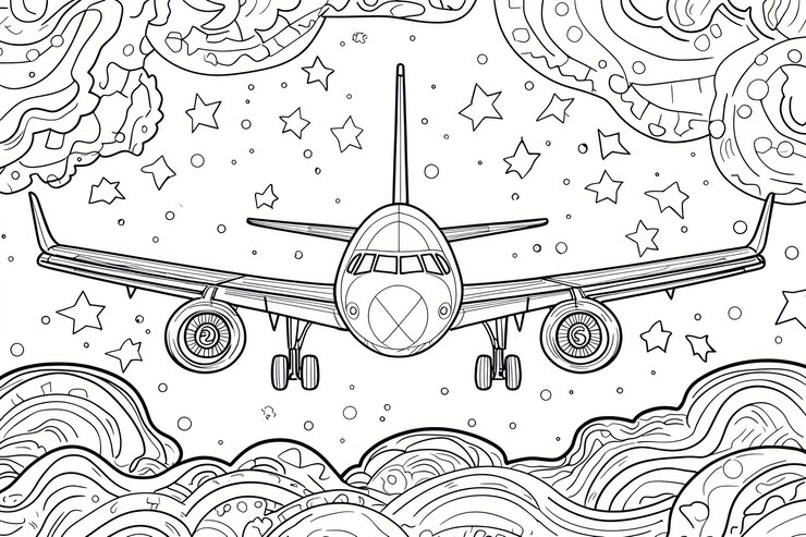 Airplane coloring page for kids line art black and white