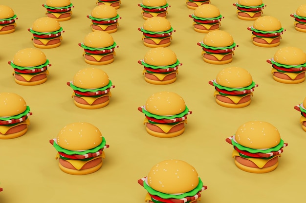 An abstract background consisting of patterns of burgers on a yellow background 3D render