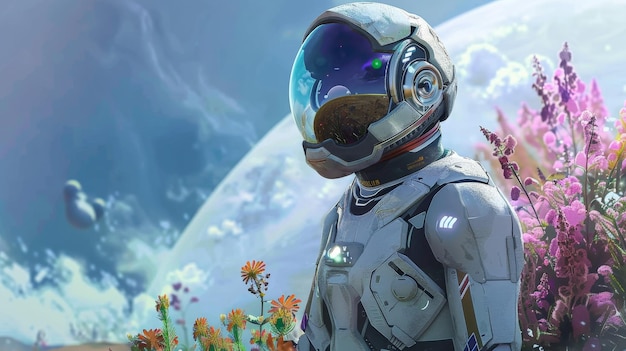 an astronaut on a distant planet kneels to examine a patch of alien flowers