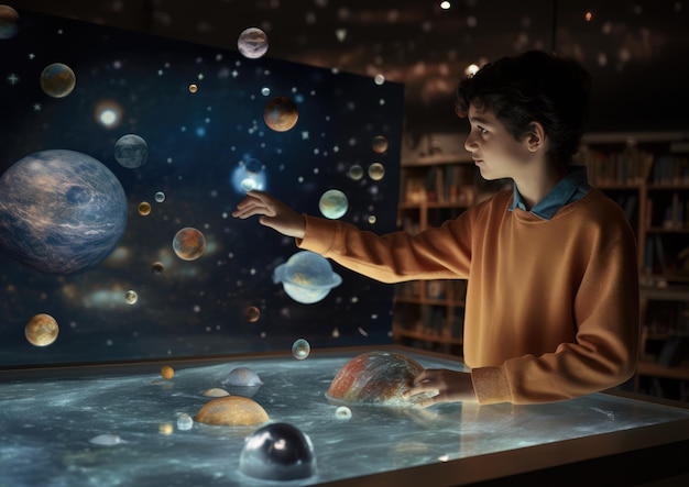 an image showing a student using ai to explore the solar system through augmented reality