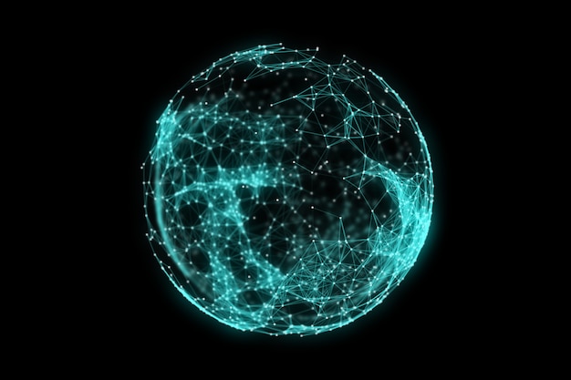 Animated abstract sphere of connected white dots with blue lines