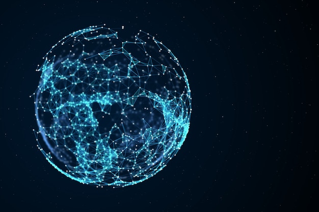 Animated abstract sphere of connected white dots with blue lines
