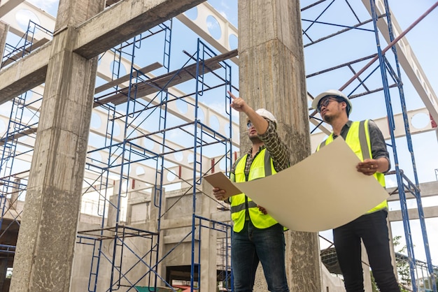 Architects are checking the progress of the building project and checking the accuracy of the building structure