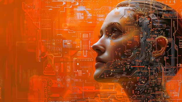 Artificial Intelligence a cyber human on an orange tones background
