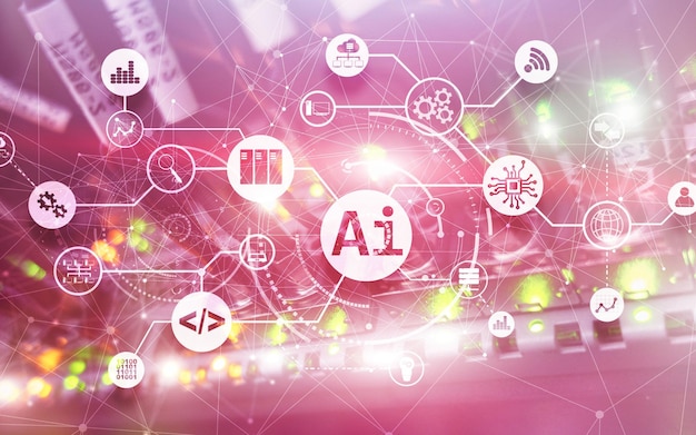 Artificial Intelligence AI Infographic illustration on fantastic computer center