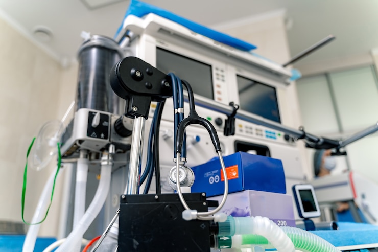 Fotografie artificial lung ventilation apparatus in modern clinic. ventilation of the lungs with oxygen. mask for intubation.
