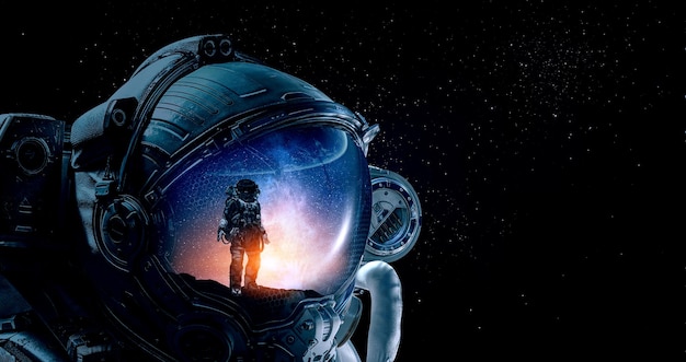 Astronaut and space exploration theme. Mixed media
