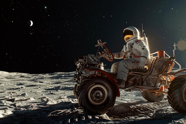 astronaut driving a lunar rover vehicle on the moon