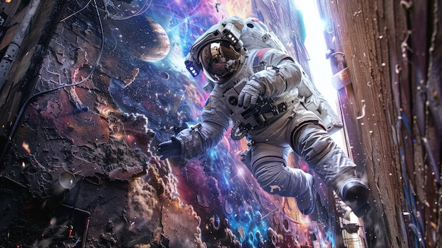 Astronaut explores deep space colorful cosmic background floating among stars and nebulae in a stunning scifi environment