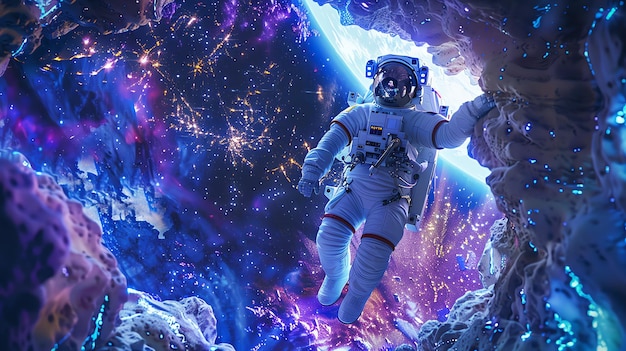 Astronaut in a spacesuit floating in the vastness of space The astronaut is surrounded by stars and planets
